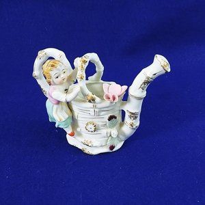 Watering Can Mini Gold Accents Girl Butterfly Bone China Vtg Collectible 4.5"